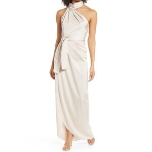 Elle Zeitoune Champagne Satin Halter Neck Maxi Dress Gown Medium Formal Wedding